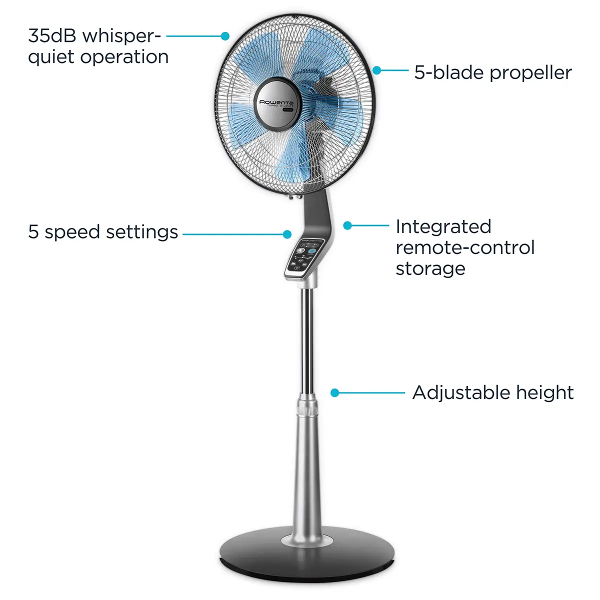 Rowenta Turbo Silence Extreme Table Fan 30cm (12") | Ultra Quiet 35dB(a) 5-Speed Oscillating Fan with Remote — Silver / Floor - view 2