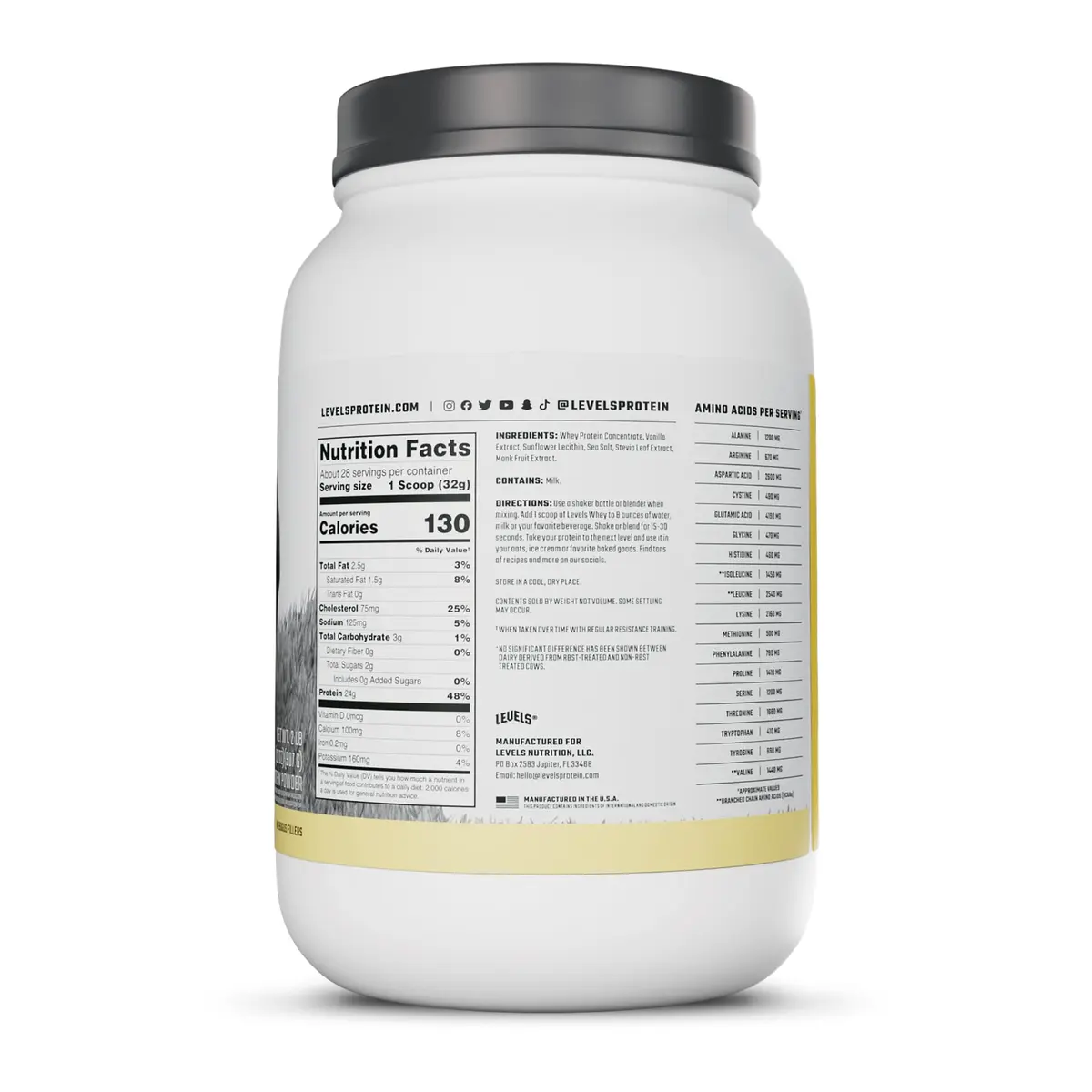 Levels Nutrition Grass Fed Whey Protein Powder Vanilla Bean 0.91 kg (2 lb) | 24g Protein Per Scoop, Clean Ingredients - view 8