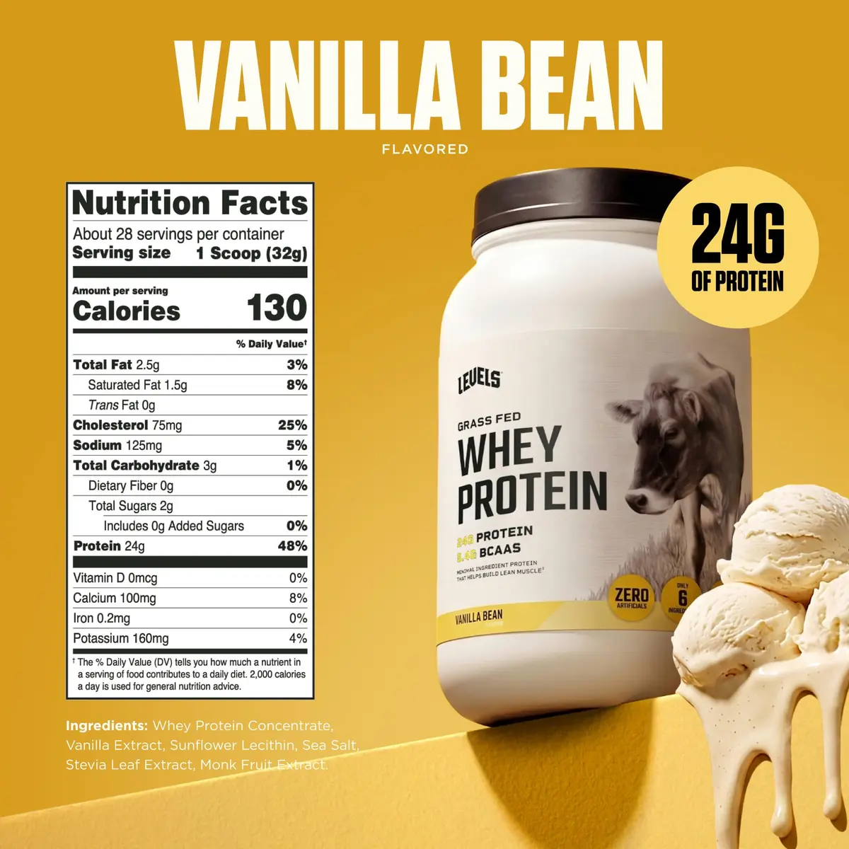 Levels Nutrition Grass Fed Whey Protein Powder Vanilla Bean 0.91 kg (2 lb) | 24g Protein Per Scoop, Clean Ingredients - view 3