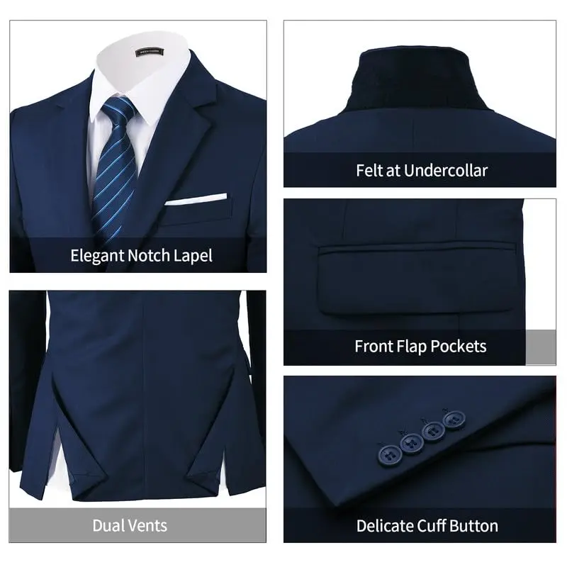 WEEN CHARM Men's 3 Piece Slim Fit Suit Set Navy Blue | Modern Fit Blazer, Vest, Pants for Wedding, Prom, Business - view 5