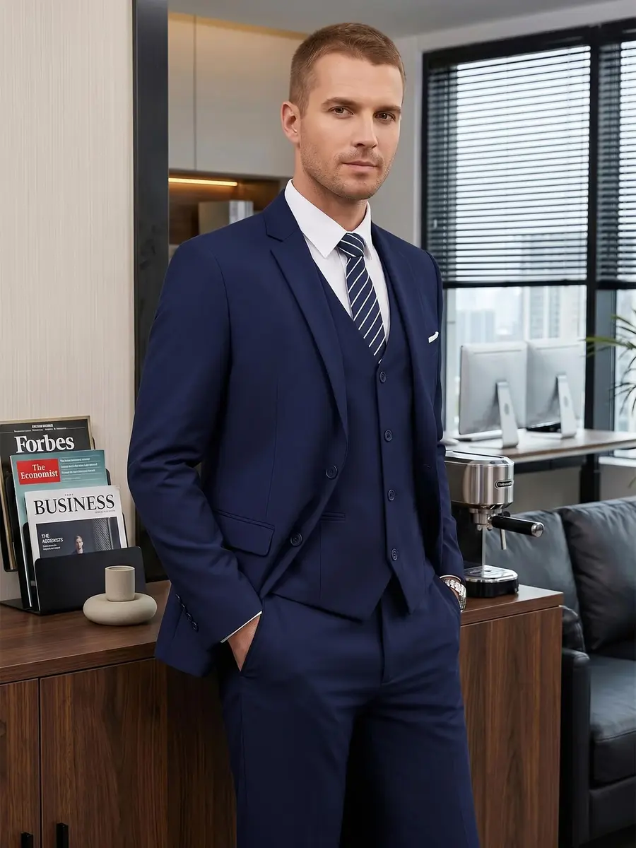 WEEN CHARM Men's 3 Piece Slim Fit Suit Set Navy Blue | Modern Fit Blazer, Vest, Pants for Wedding, Prom, Business - view 2