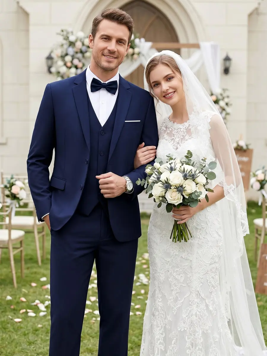 WEEN CHARM Men's 3 Piece Slim Fit Suit Set Navy Blue | Modern Fit Blazer, Vest, Pants for Wedding, Prom, Business - view 3