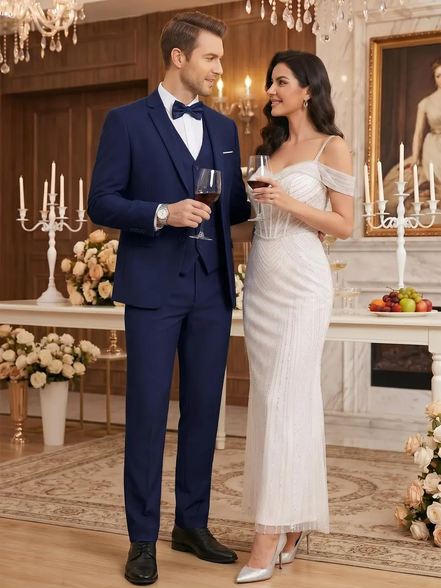 WEEN CHARM Men's 3 Piece Slim Fit Suit Set Navy Blue | Modern Fit Blazer, Vest, Pants for Wedding, Prom, Business - view 4