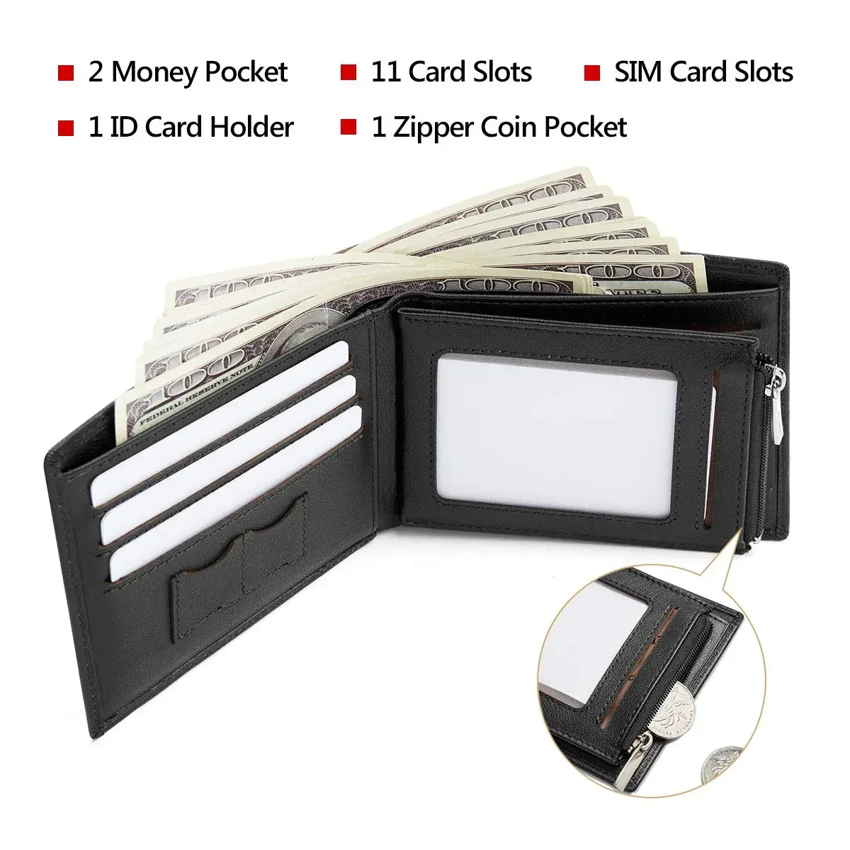 LAORENTOU Full-Grain Leather Bifold Wallet for Men | 9 Card Slots, Zipper Coin Pocket, ID Window, Black - view 5