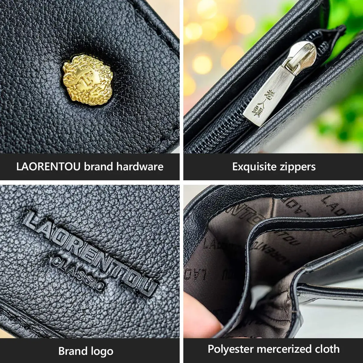 LAORENTOU Full-Grain Leather Bifold Wallet for Men | 9 Card Slots, Zipper Coin Pocket, ID Window, Black - view 6