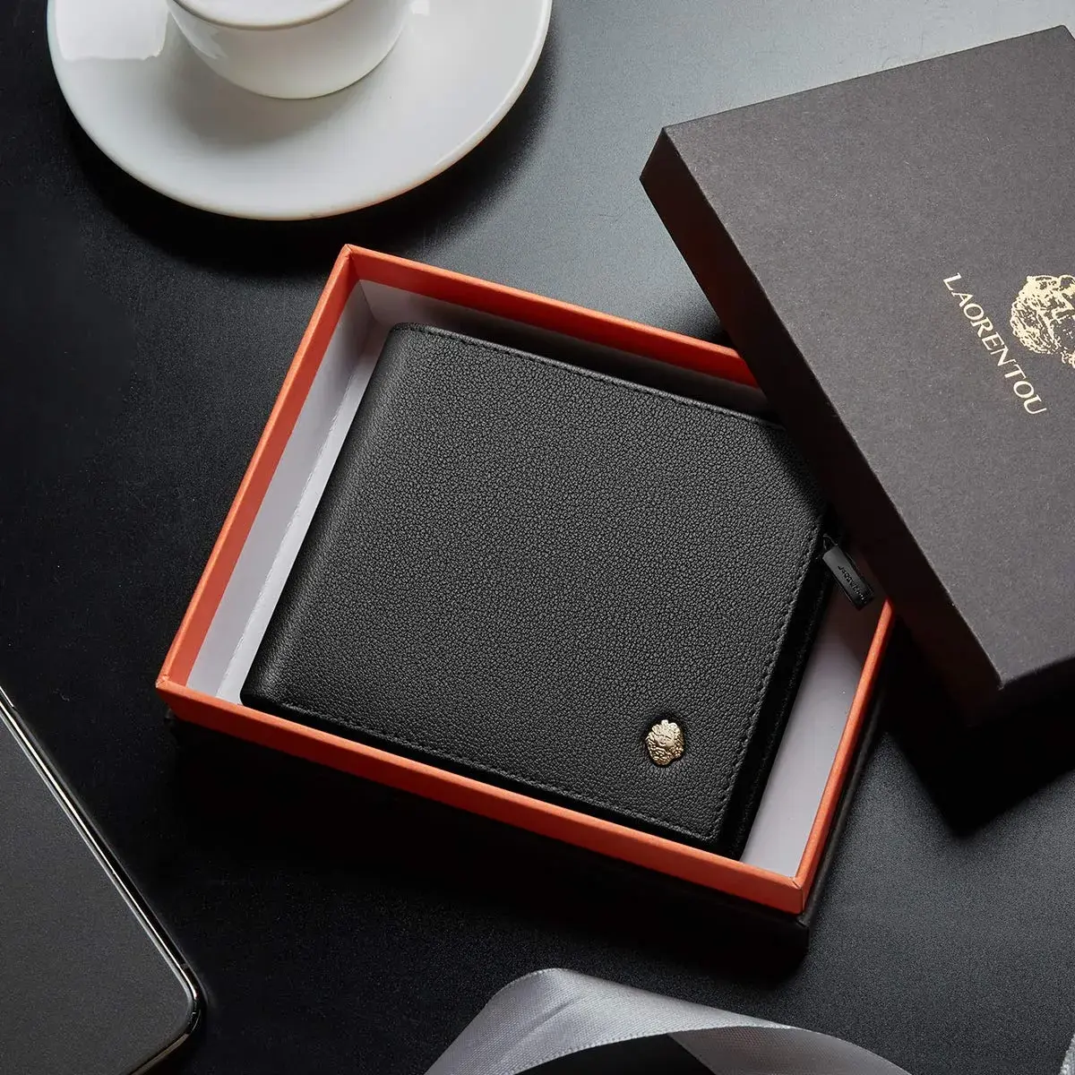 LAORENTOU Full-Grain Leather Bifold Wallet for Men | 9 Card Slots, Zipper Coin Pocket, ID Window, Black - view 2