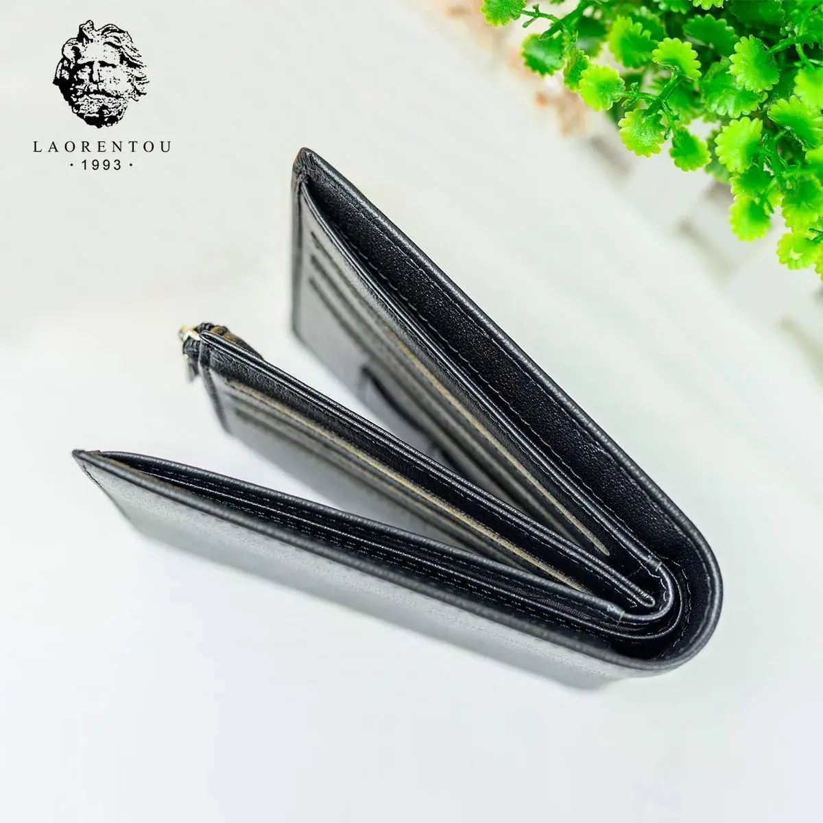 LAORENTOU Full-Grain Leather Bifold Wallet for Men | 9 Card Slots, Zipper Coin Pocket, ID Window, Black - view 3