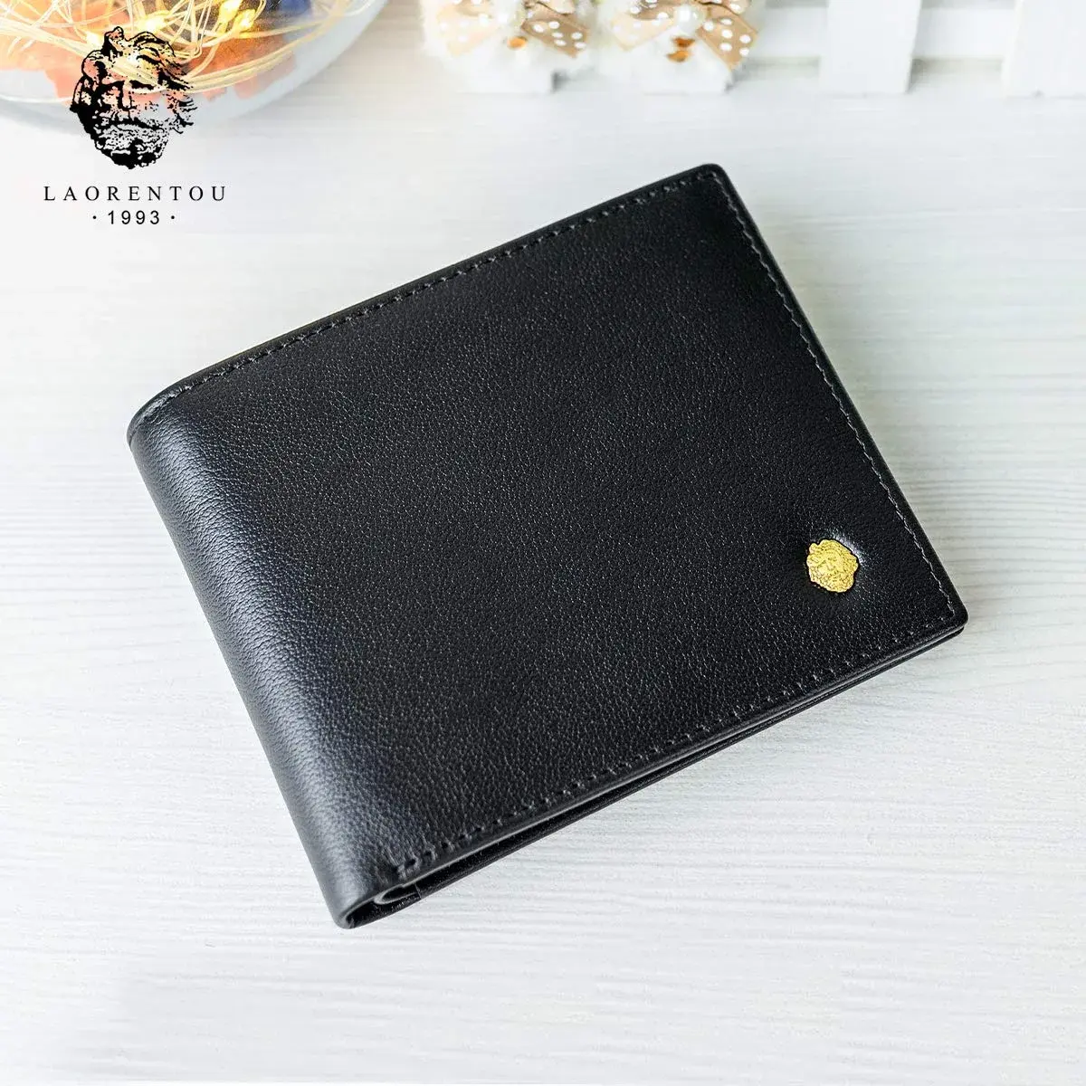 LAORENTOU Full-Grain Leather Bifold Wallet for Men | 9 Card Slots, Zipper Coin Pocket, ID Window, Black - view 4