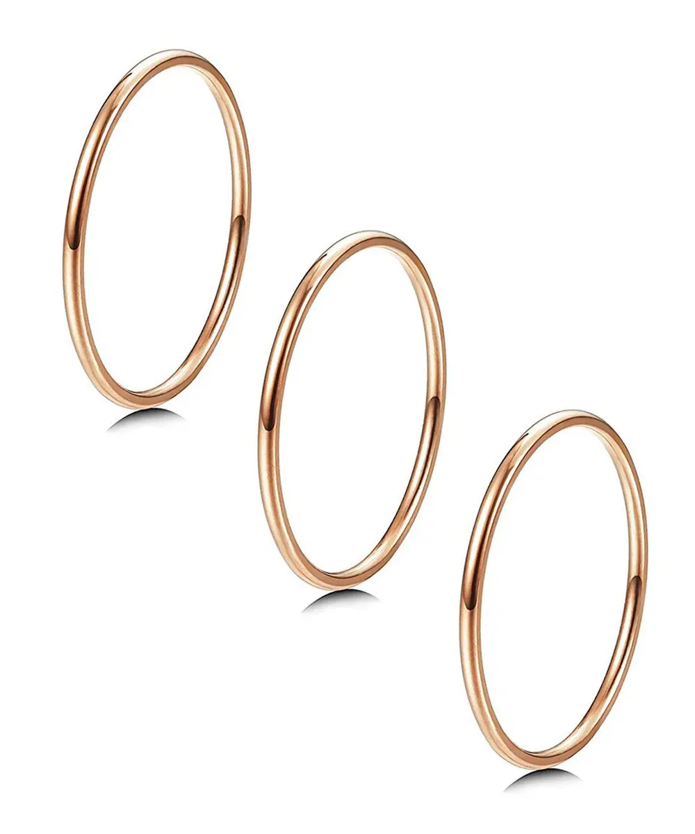 LOYALLOOK 3Pcs 1mm Thin 14K Gold Plated Stackable Rings for Women | Non Tarnish Stainless Steel, Size 3-10, Rose Gold Tone - main product image