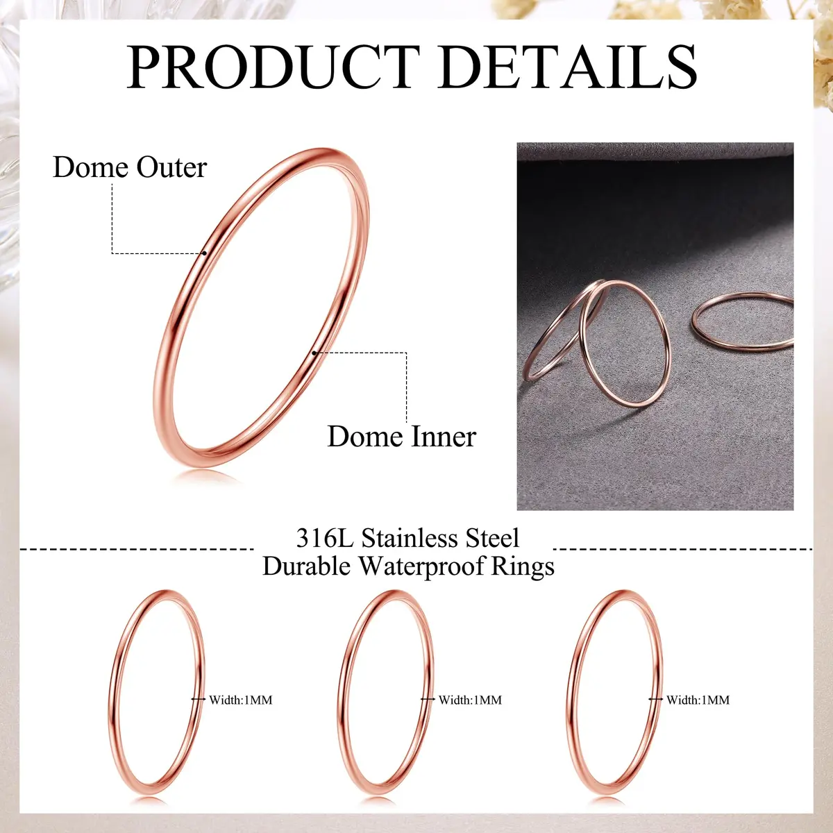 LOYALLOOK 3Pcs 1mm Thin 14K Gold Plated Stackable Rings for Women | Non Tarnish Stainless Steel, Size 3-10, Rose Gold Tone - view 2