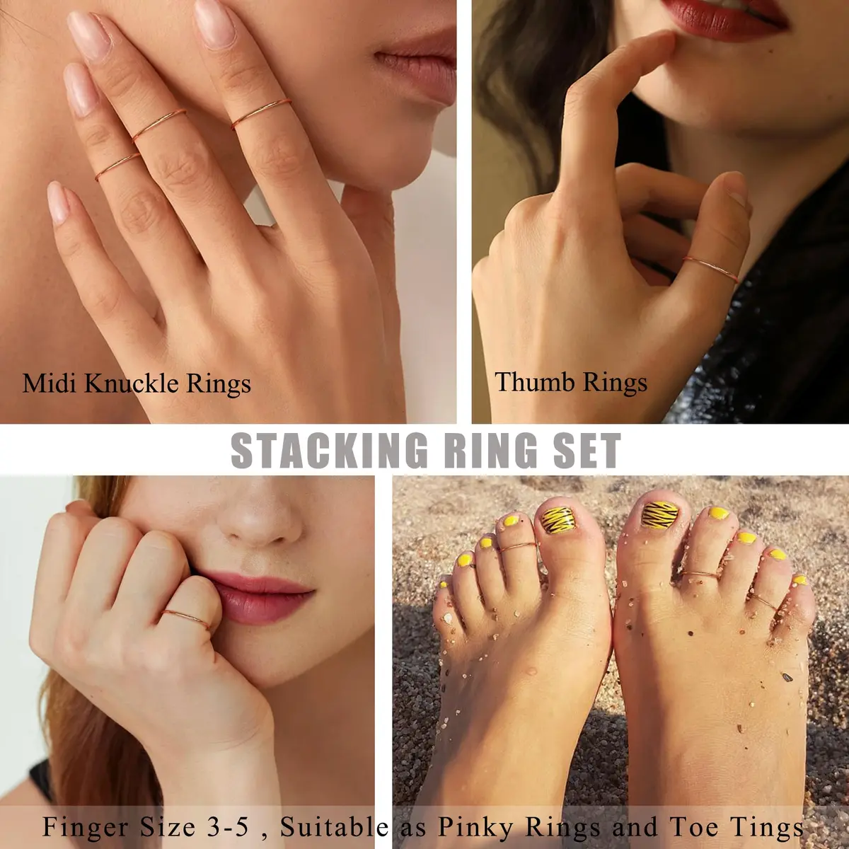 LOYALLOOK 3Pcs 1mm Thin 14K Gold Plated Stackable Rings for Women | Non Tarnish Stainless Steel, Size 3-10, Rose Gold Tone - view 4