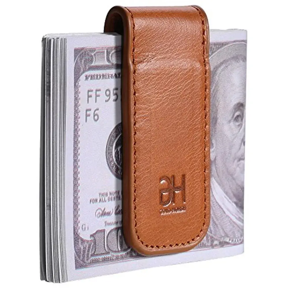 GH GOLD HORSE Slim Magnetic Money Clip Genuine Leather Business Card Holder for Men, Brown | Holds 10-15 Bills & Cards - main product image