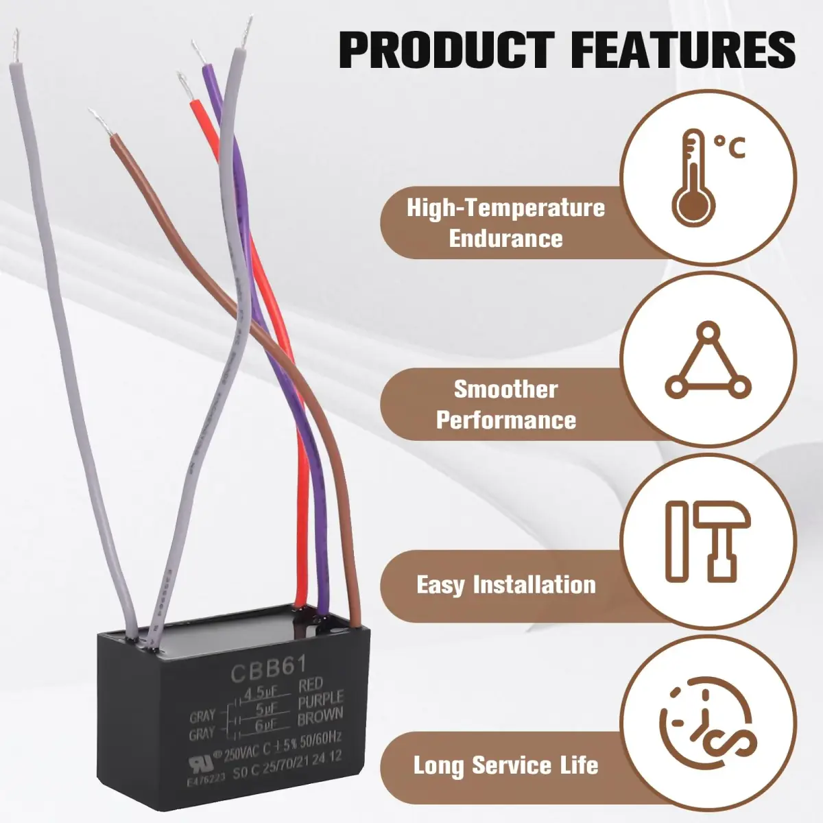 Podoy CBB61 Ceiling Fan Capacitor 4.5uF+5uF+6uF 250VAC 5-Wire 2-Pack | Restores Fan Speeds - view 5