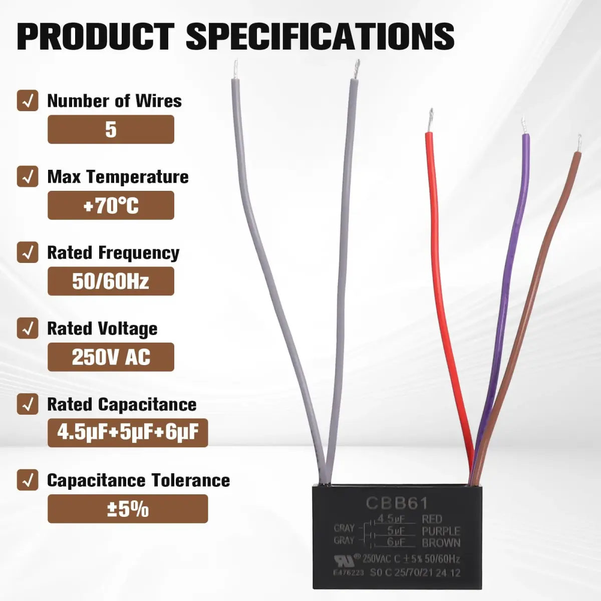 Podoy CBB61 Ceiling Fan Capacitor 4.5uF+5uF+6uF 250VAC 5-Wire 2-Pack | Restores Fan Speeds - view 2