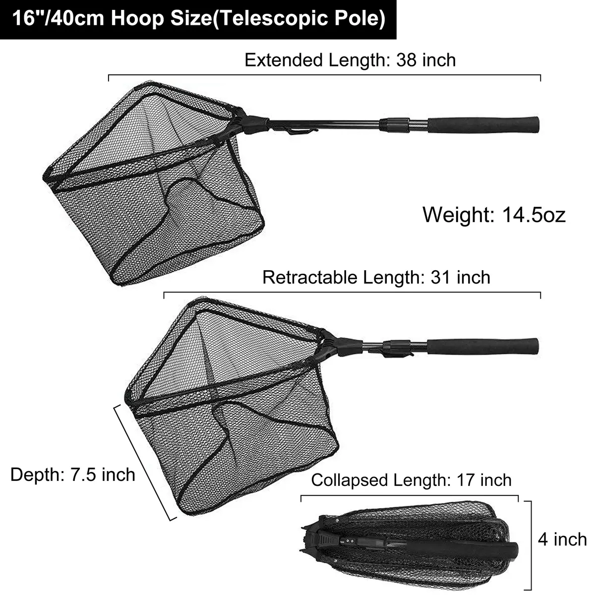 PLUSINNO 1.0m Extendable Fishing Net with 20" (52cm) Hoop, 21" (53cm) Deep Net | Foldable & Lightweight Landing Net for Bass Trout Salmon - view 2