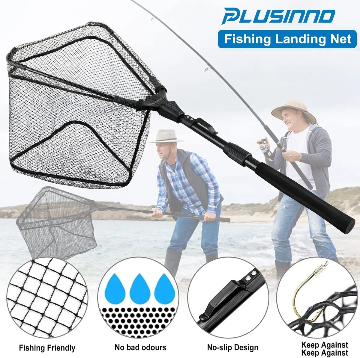 PLUSINNO 1.0m Extendable Fishing Net with 20" (52cm) Hoop, 21" (53cm) Deep Net | Foldable & Lightweight Landing Net for Bass Trout Salmon - view 4