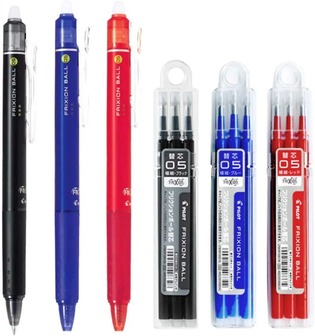 Pilot FriXion Ball Knock Retractable Erasable Gel Ink Pens 0.5mm | Extra Fine Point, 3 Pens & 9 Refills - main product image