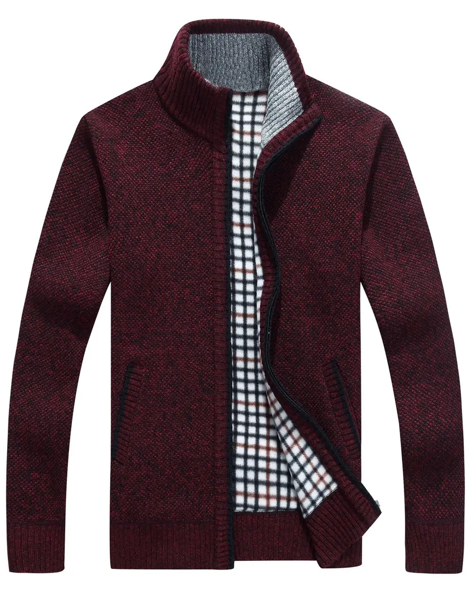 Yeokou Men's Slim Fit Zip Up Casual Knitted Cardigan Sweater with Pockets (Large, Wine Red) | Soft Cashmere Blend for Casual & Business Wear - main product image