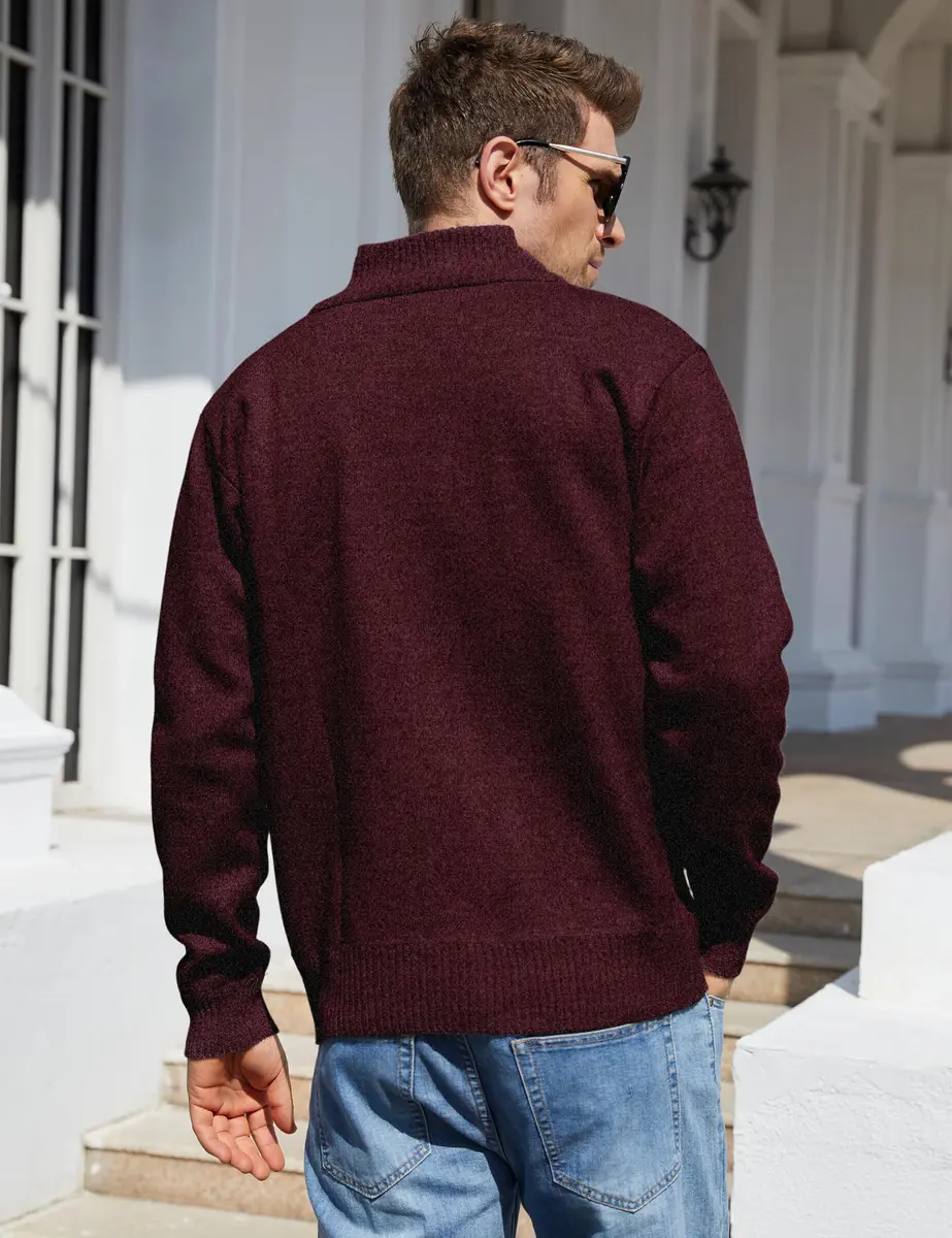 Yeokou Men's Slim Fit Zip Up Casual Knitted Cardigan Sweater with Pockets (Large, Wine Red) | Soft Cashmere Blend for Casual & Business Wear - view 3
