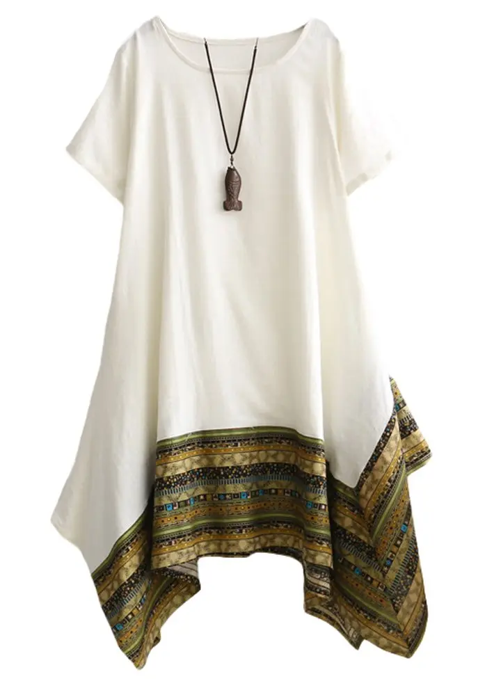 Minibee Women's Ethnic Cotton Linen Short Sleeves Tunic Dress, White, L | Stylish Boho Casual Wear - main product image