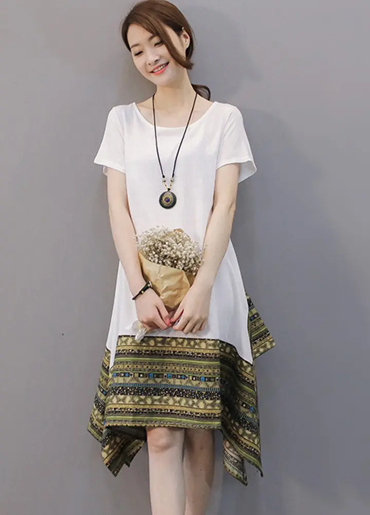 Minibee Women's Ethnic Cotton Linen Short Sleeves Tunic Dress, White, L | Stylish Boho Casual Wear - view 2