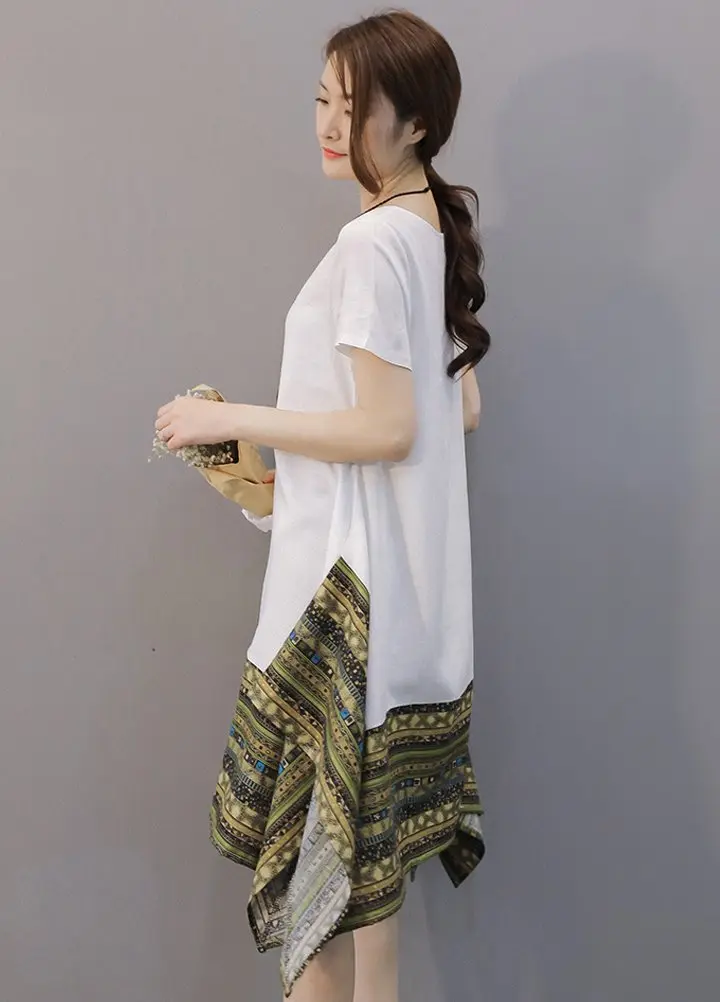 Minibee Women's Ethnic Cotton Linen Short Sleeves Tunic Dress, White, L | Stylish Boho Casual Wear - view 3