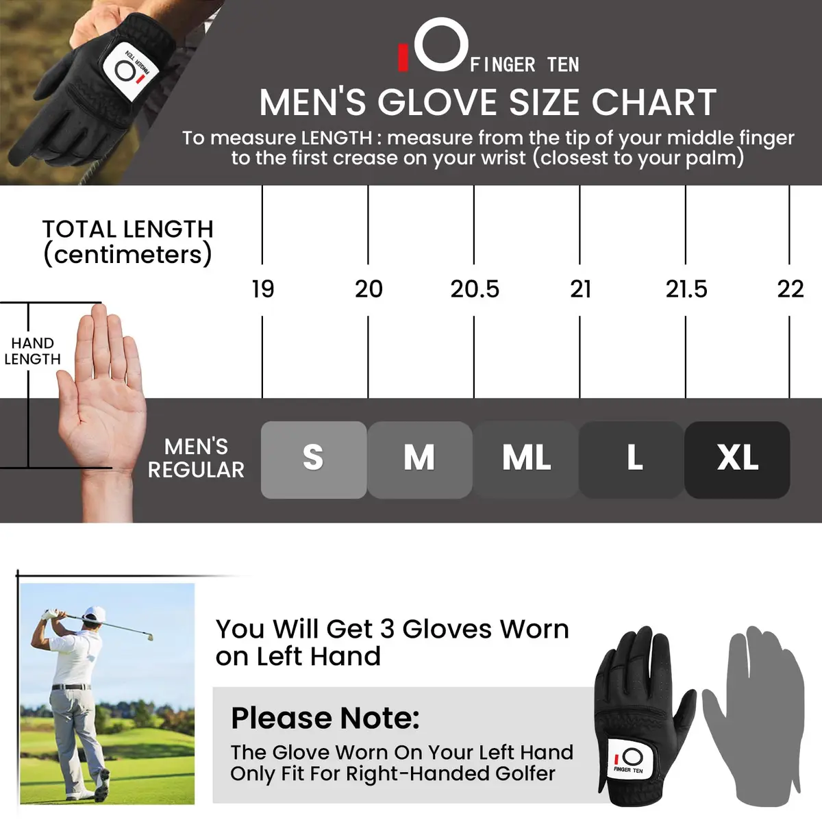 FINGER TEN All Weather Grip Golf Gloves Men 3 Pack (Black, X-Large, Left) | Wet & Dry Performance - view 6