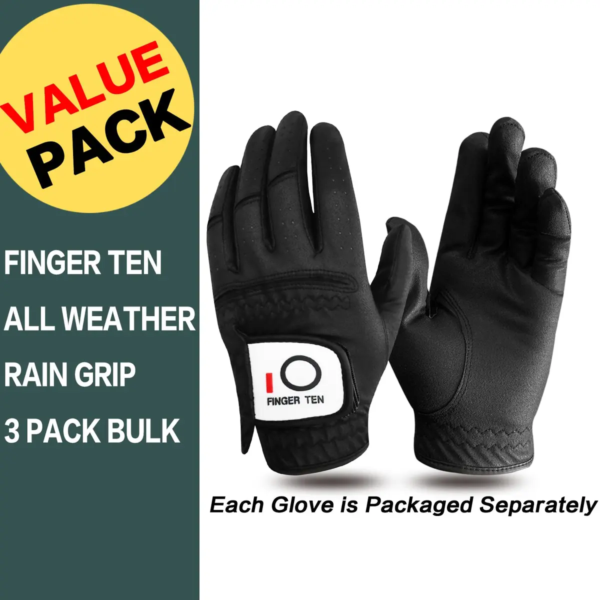 FINGER TEN All Weather Grip Golf Gloves Men 3 Pack (Black, X-Large, Left) | Wet & Dry Performance - view 2