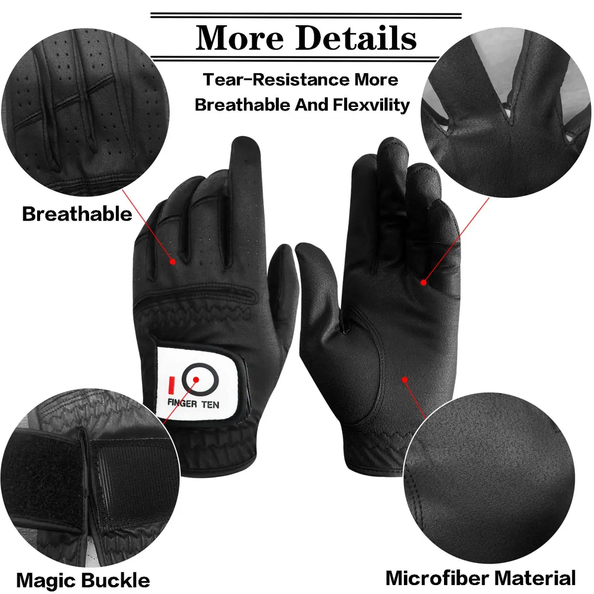 FINGER TEN All Weather Grip Golf Gloves Men 3 Pack (Black, X-Large, Left) | Wet & Dry Performance - view 3