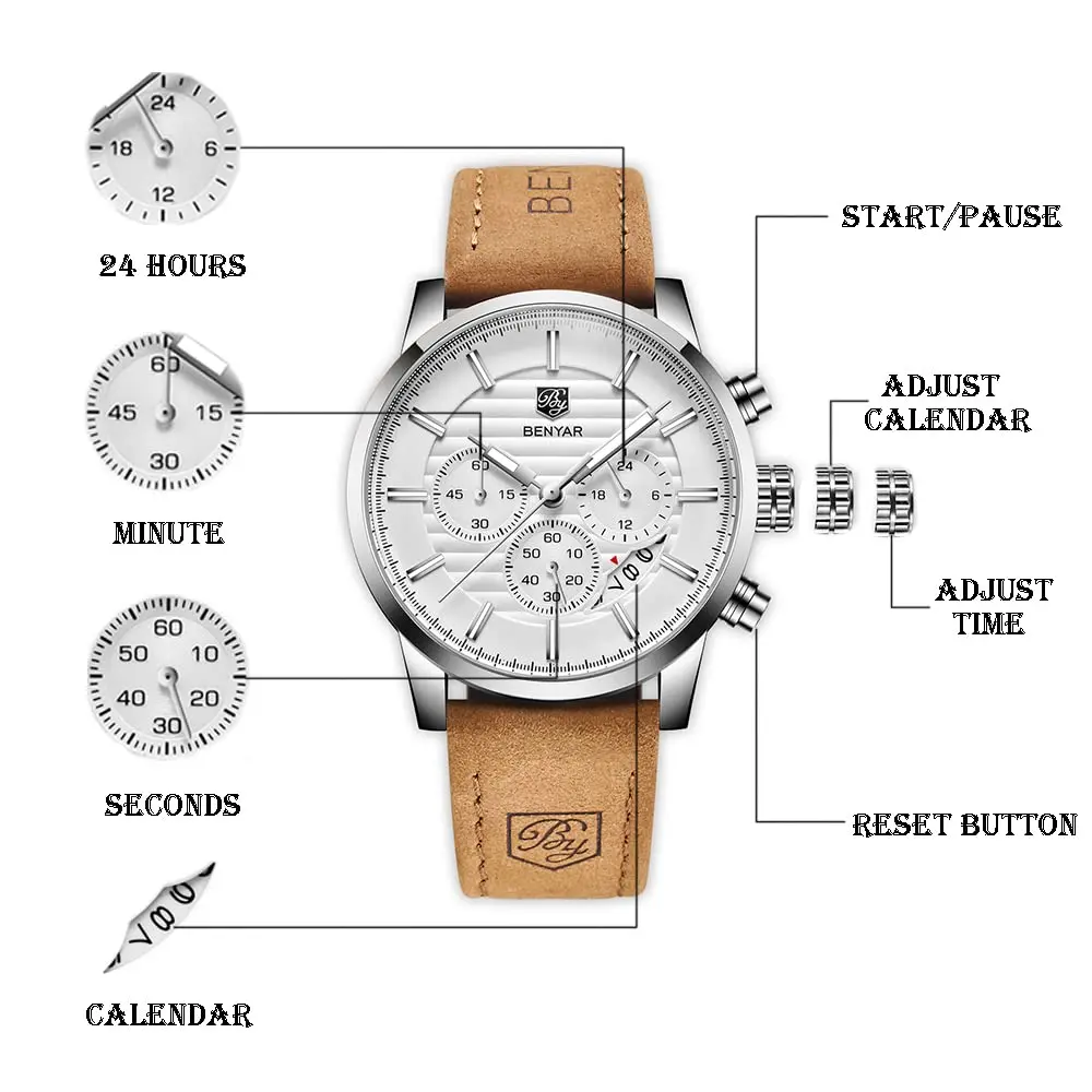 BENYAR Men's Analog Quartz Chronograph Watch 44mm (1.73 inch) | Water Resistant 3ATM - view 3