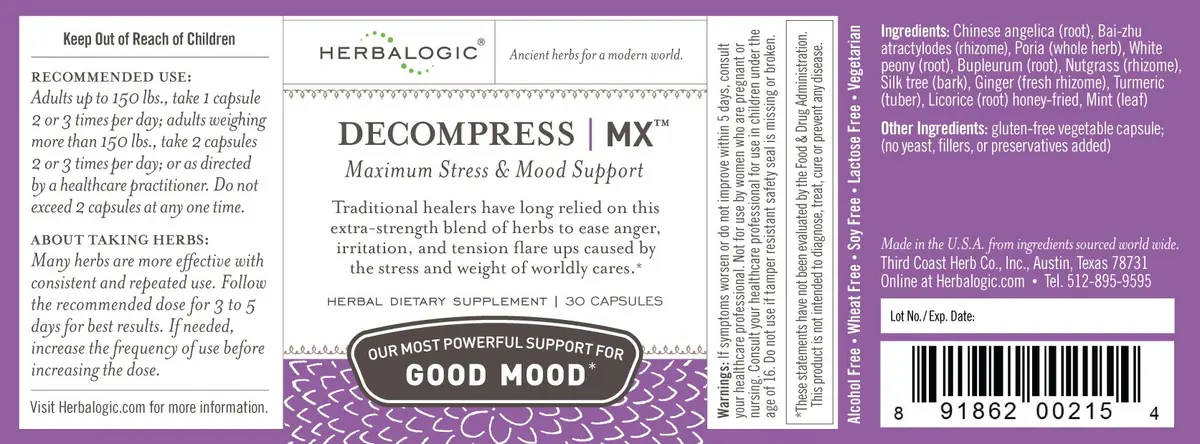 Herbalogic Decompress MX Herbal Capsules 30 Count | Stress & Mood Support Based on Xiao Yao San - view 2