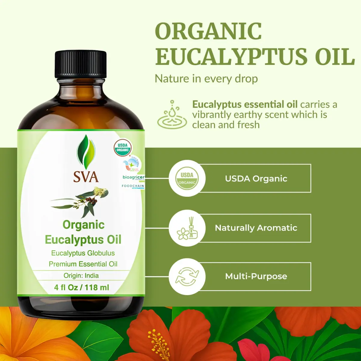 SVA ORGANICS Organic Eucalyptus Essential Oil 118 mL (4 Fl Oz) | Steam Distilled, Pure & Natural - view 2