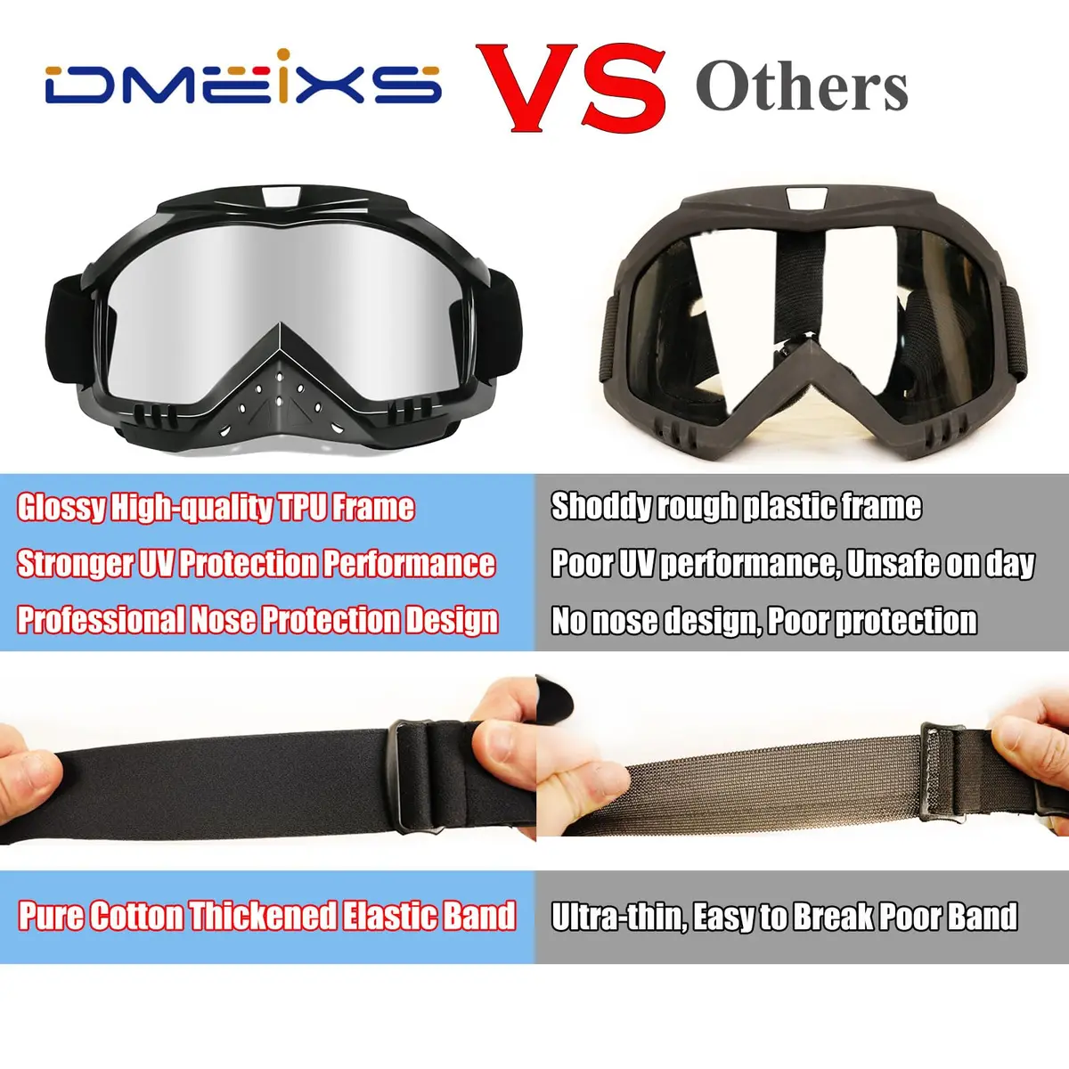 Dmeixs Silver Lens Motorcycle Motocross Goggles | Anti-Fog, UV Protection, Helmet Compatible - view 3