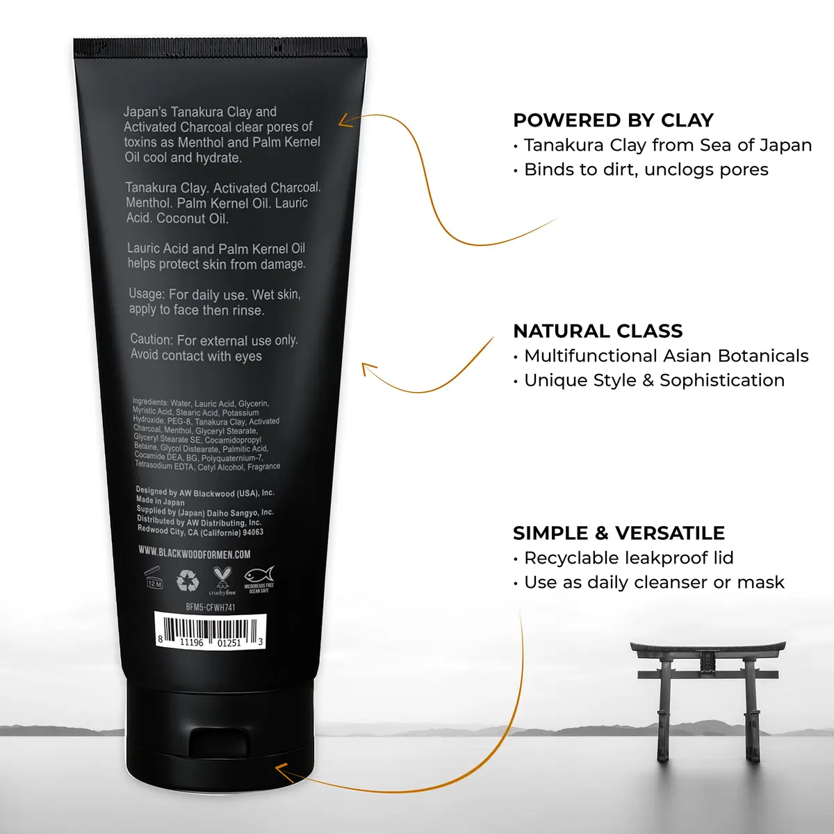 Blackwood For Men Cooling Clay Face Wash - Activated Charcoal, Menthol & Tanakura Clay | Deep Cleansing & Acne Treatment (7.41 oz) - view 2