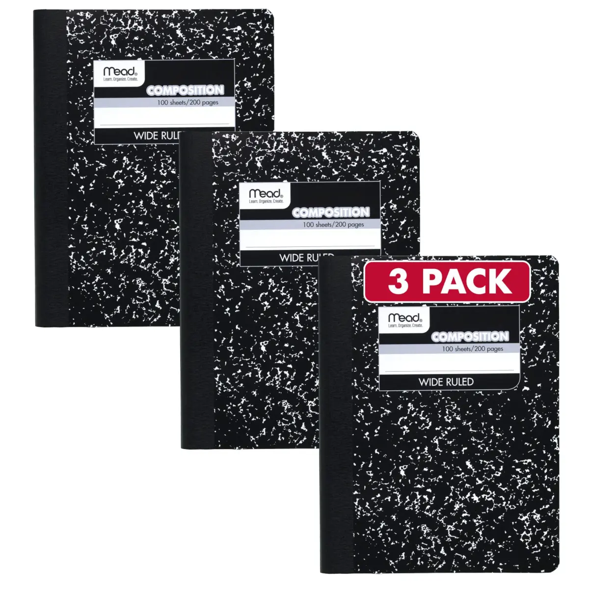 Mead Composition Notebook, Wide Ruled Paper, 7.5" x 9.75", 100 Sheets, Black Marble, 3 Pack | Classic Journaling & Note-Taking - main product image