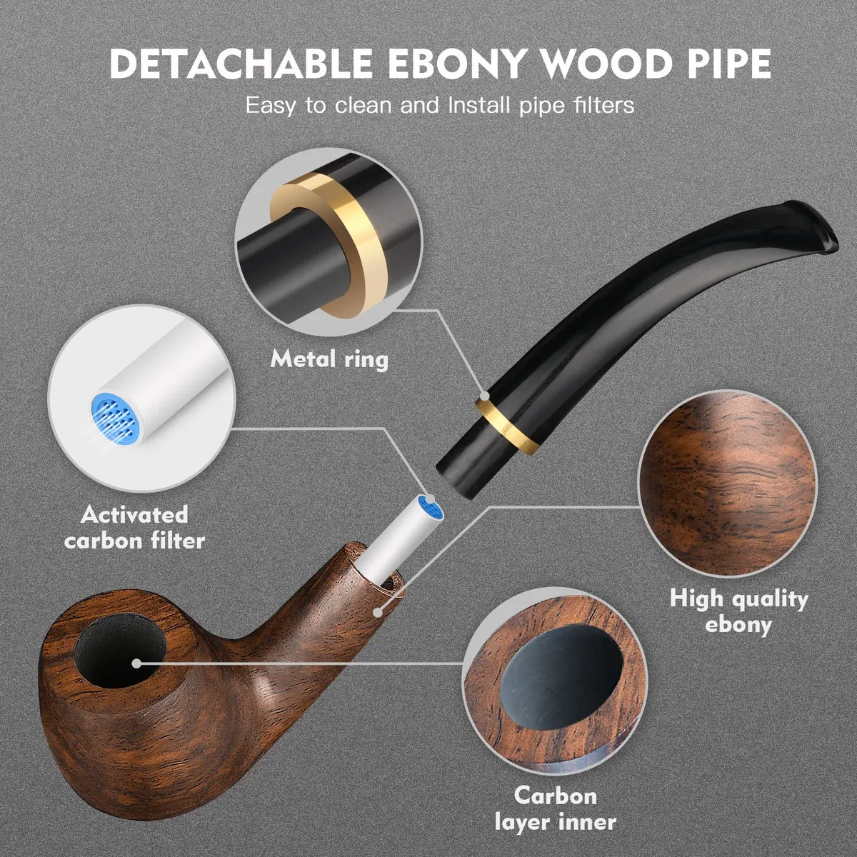Scotte Handmade Wood Pipe Kit 20 Piece Set | Detachable Pipe with Accessories, Black & Pear Wood, Billiard Shape - view 5