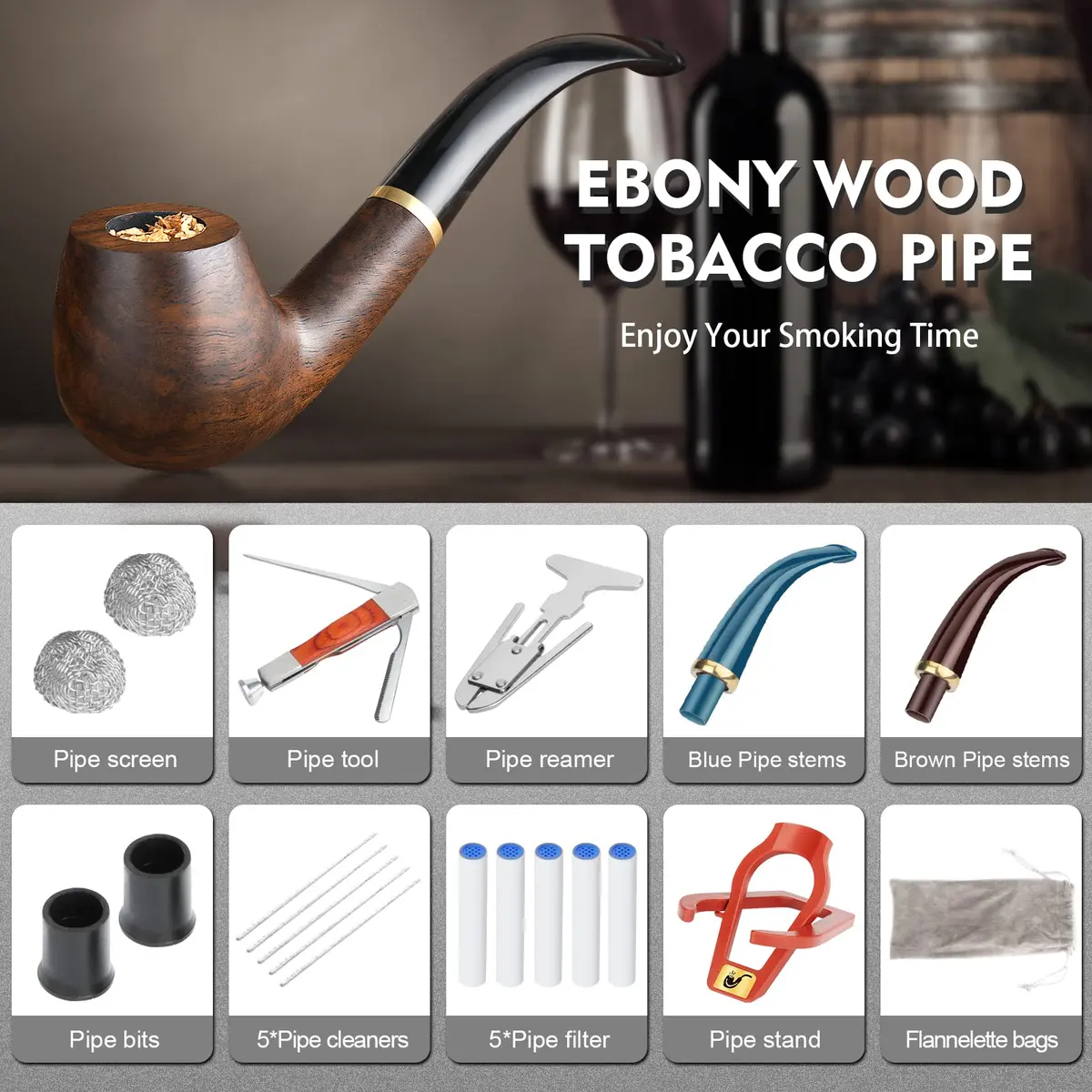 Scotte Handmade Wood Pipe Kit 20 Piece Set | Detachable Pipe with Accessories, Black & Pear Wood, Billiard Shape - view 2