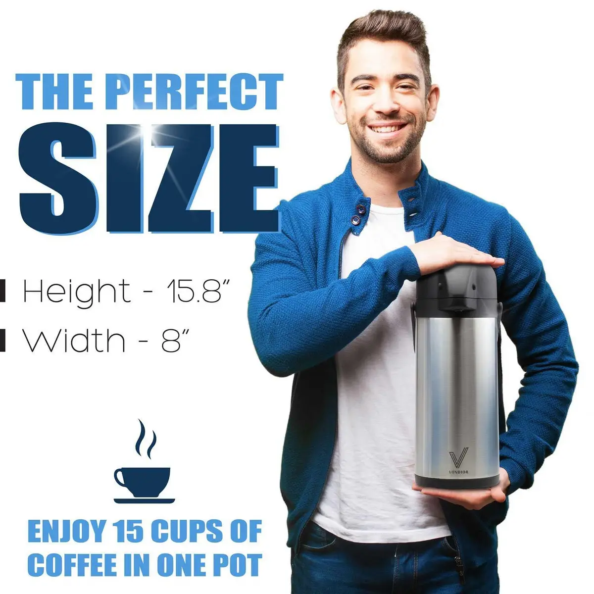 VONDIOR 85 oz (2.5L) Insulated Stainless Steel Coffee Carafe with Pump | Keeps Hot/Cold 20H - view 7