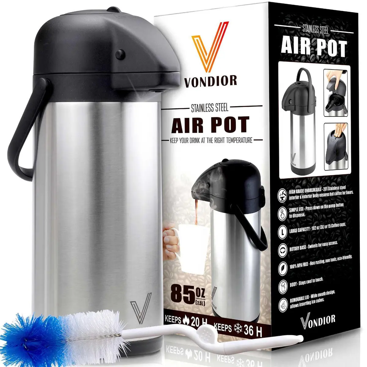 VONDIOR 85 oz (2.5L) Insulated Stainless Steel Coffee Carafe with Pump | Keeps Hot/Cold 20H - view 8