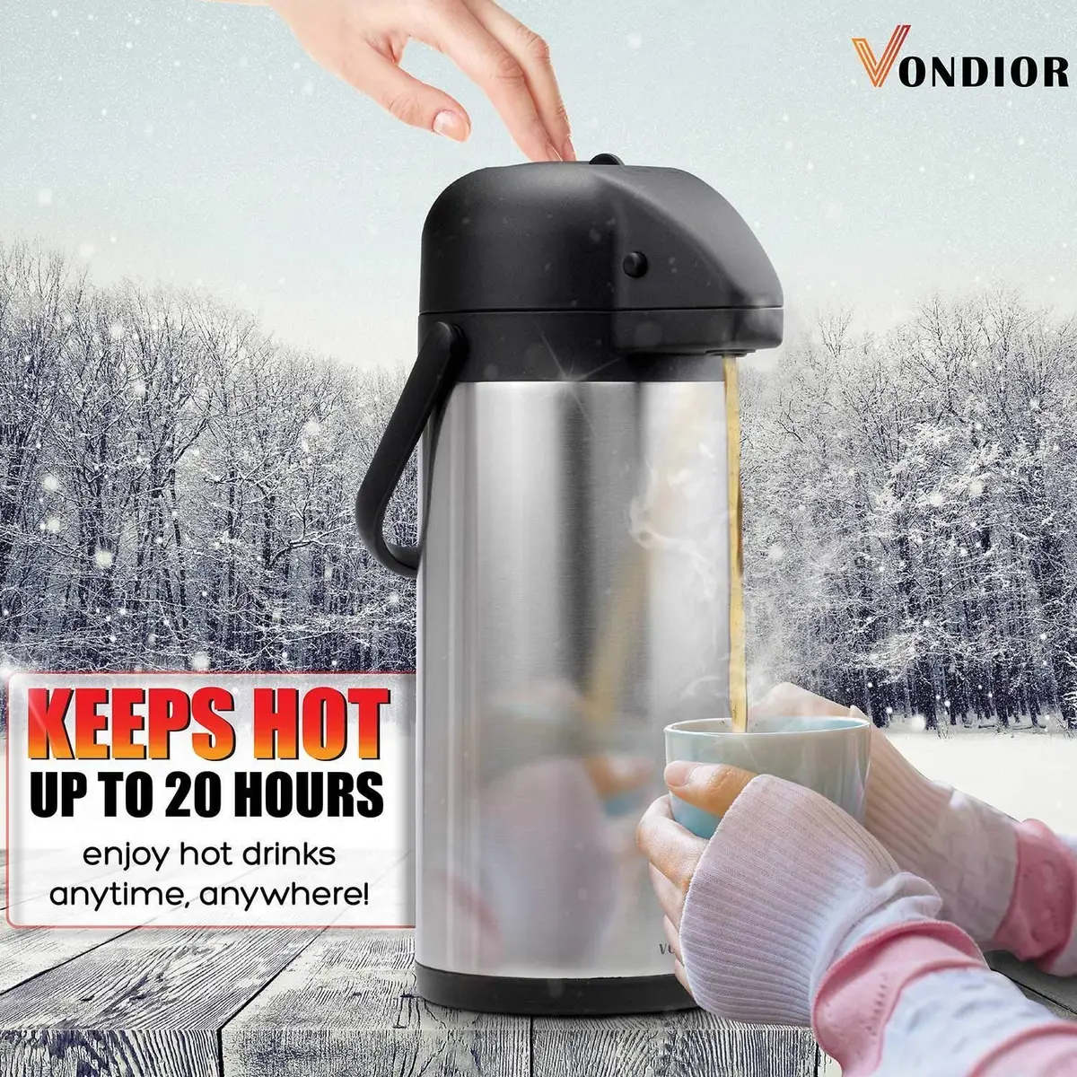 VONDIOR 85 oz (2.5L) Insulated Stainless Steel Coffee Carafe with Pump | Keeps Hot/Cold 20H - view 3