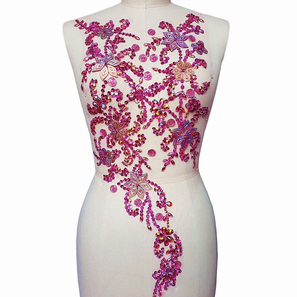 succi shan fabric_applique_patch 30x60cm | Beaded Crystal Rose Red AB Patch for DIY Wedding Dress - view 2
