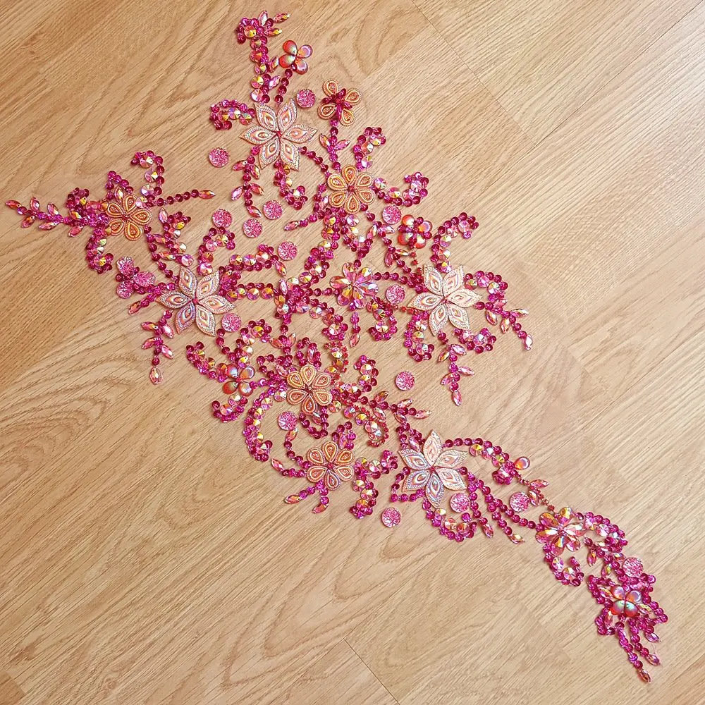 succi shan fabric_applique_patch 30x60cm | Beaded Crystal Rose Red AB Patch for DIY Wedding Dress - view 3