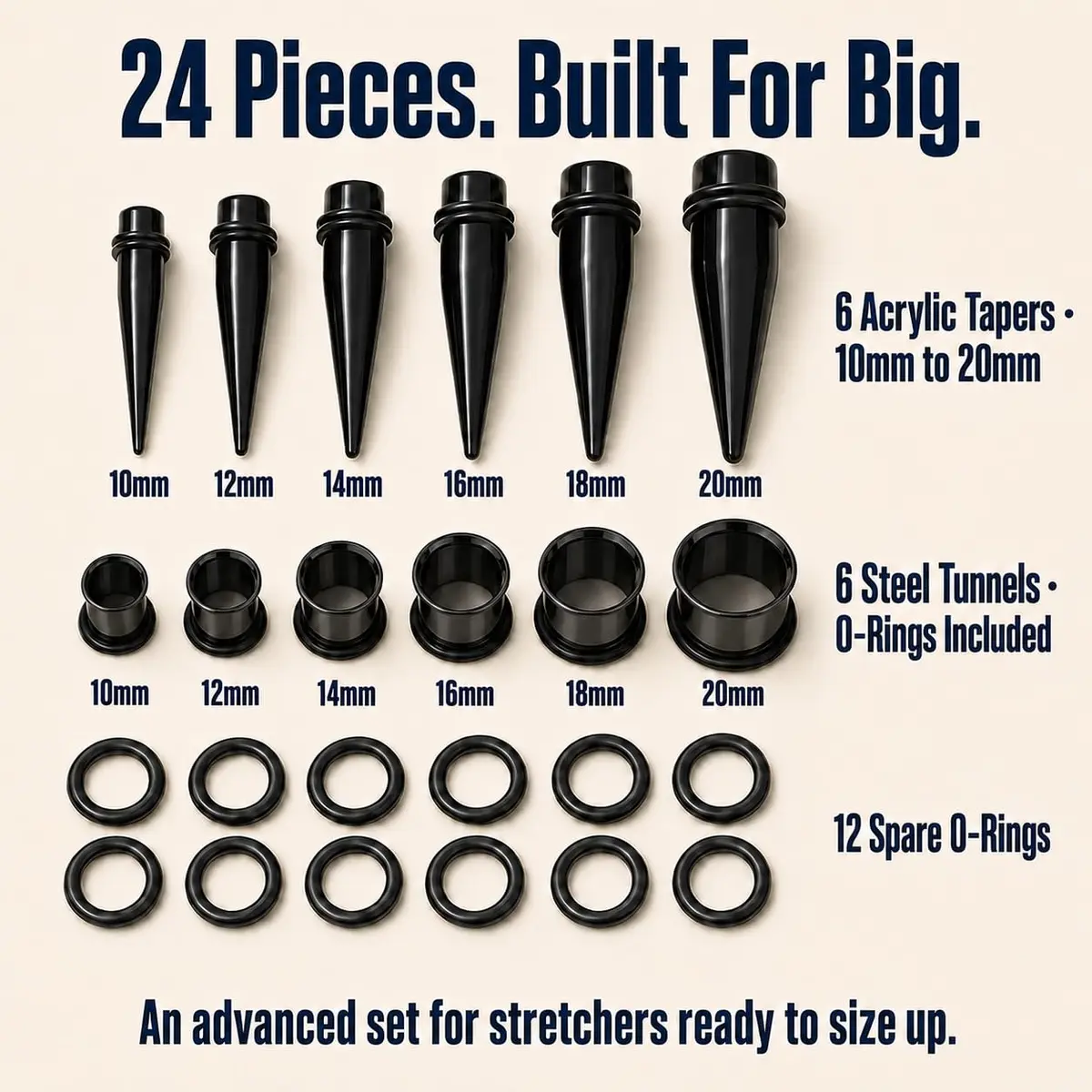 BodyJ4You Black 00G Ear Gauge Stretching Kit | 24-Piece Set with Stainless Steel Tunnels & Acrylic Tapers (10mm-20mm) - view 3
