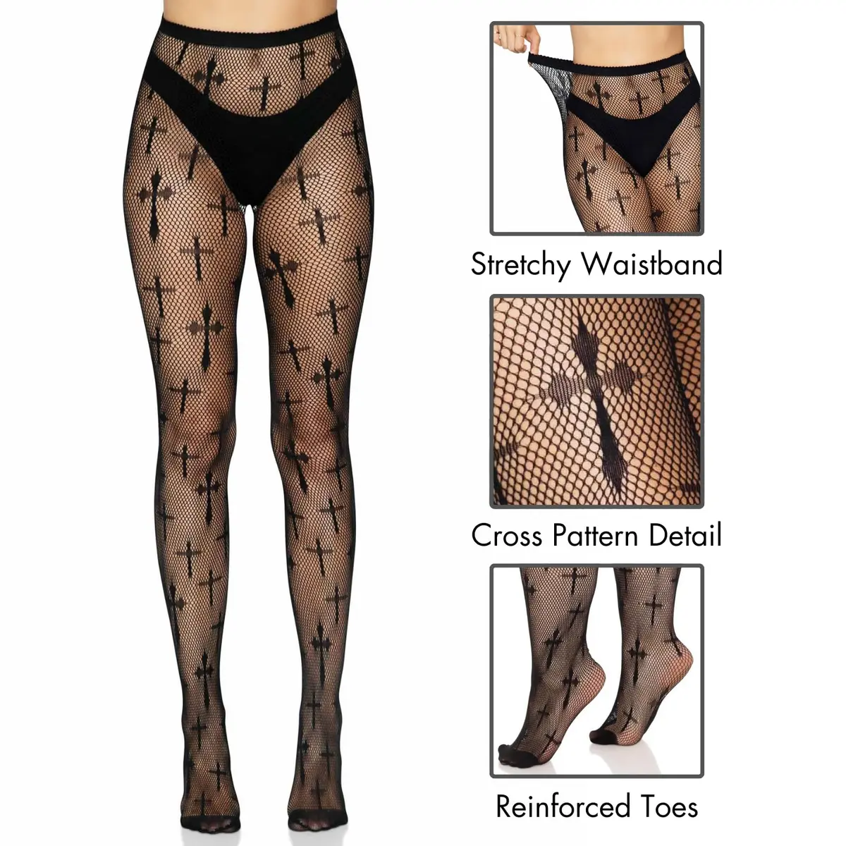Leg Avenue Dark Alternative Fishnet Tights Worship Me One Size | Edgy Micro Net with High Waist Fit (70-120 chars) - view 3