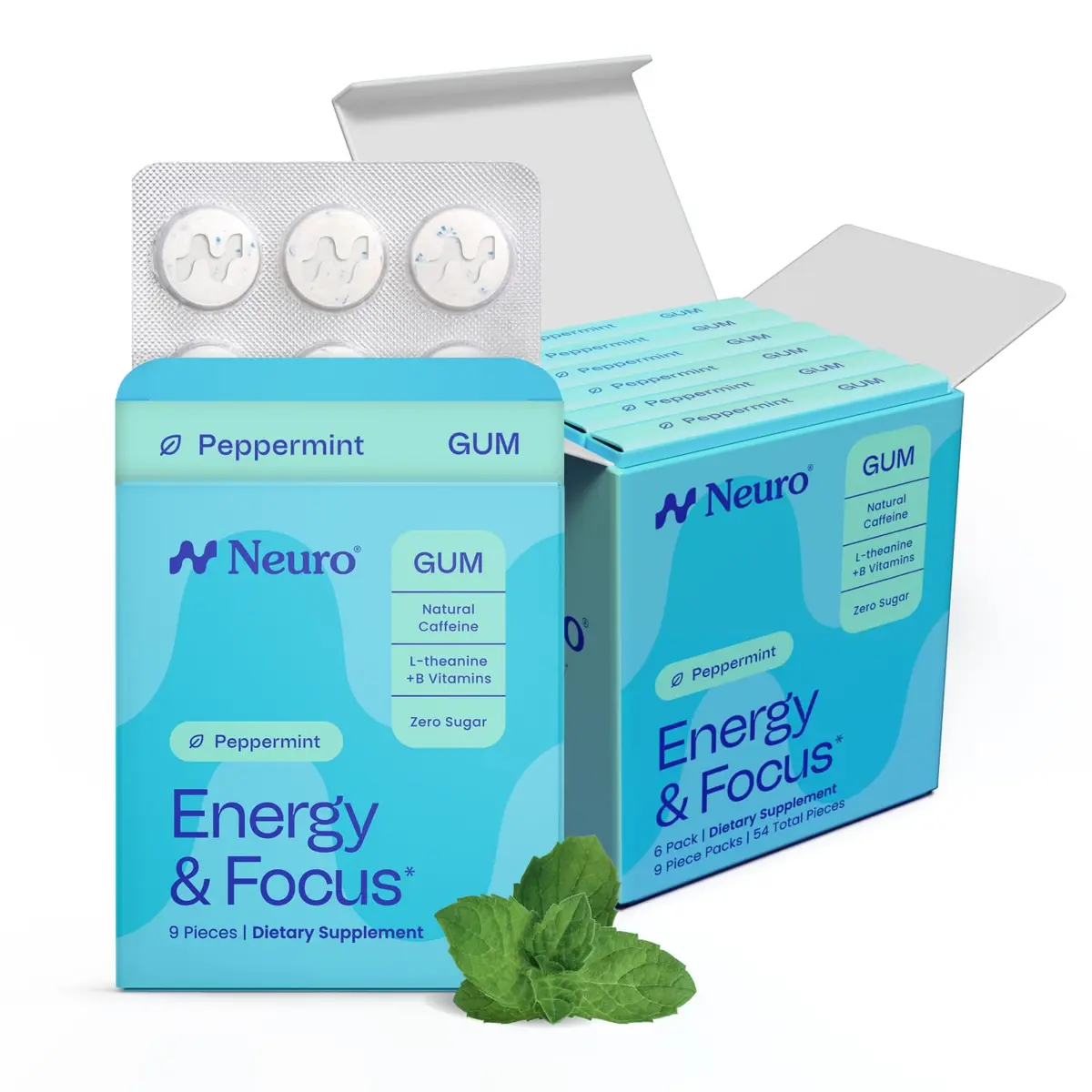Neuro Energy & Focus Gum, Peppermint, 54 Count | Nootropic Supplement with Natural Caffeine & L-Theanine - main product image