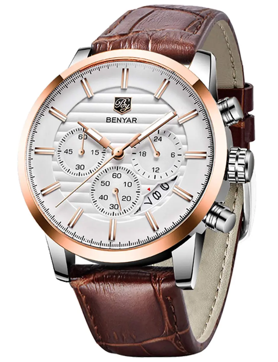 BY BENYAR Chronograph Watch for Men 43mm (1.69") Rose Gold White Dial Brown Leather | Precise Timekeeping - main product image