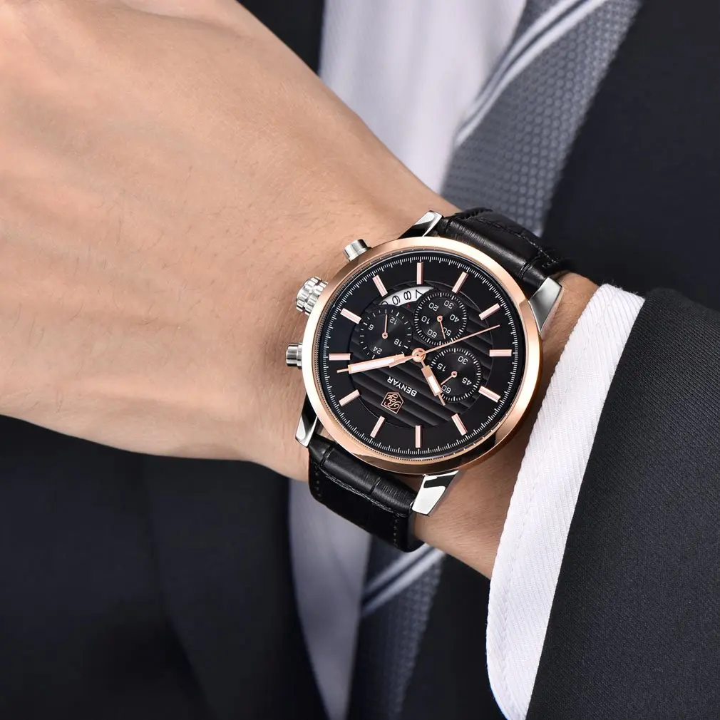 BY BENYAR Chronograph Watch for Men 43mm (1.69") Rose Gold White Dial Brown Leather | Precise Timekeeping - view 6