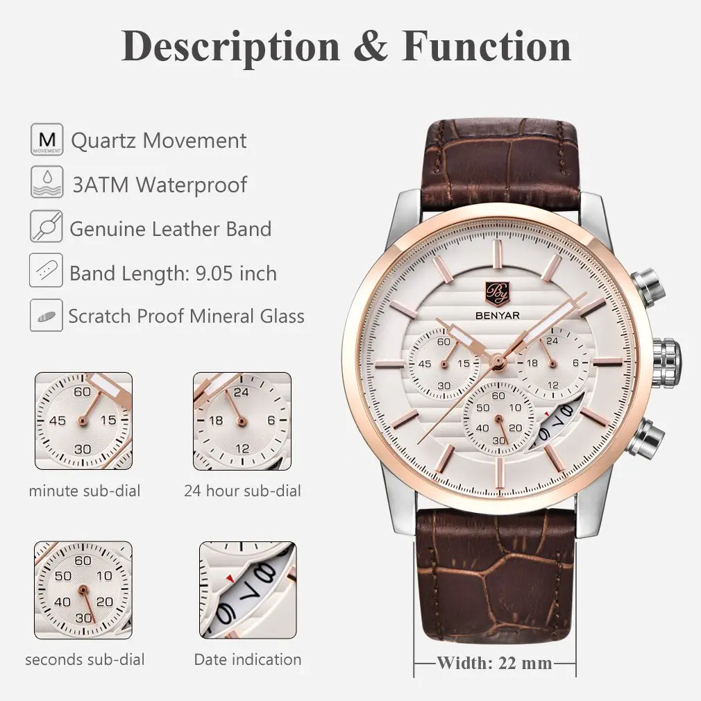 BY BENYAR Chronograph Watch for Men 43mm (1.69") Rose Gold White Dial Brown Leather | Precise Timekeeping - view 2
