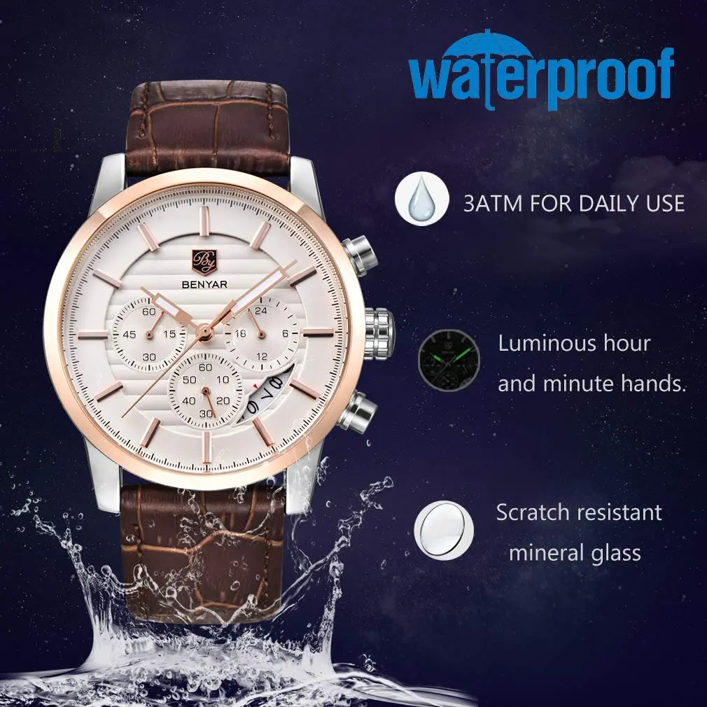 BY BENYAR Chronograph Watch for Men 43mm (1.69") Rose Gold White Dial Brown Leather | Precise Timekeeping - view 3