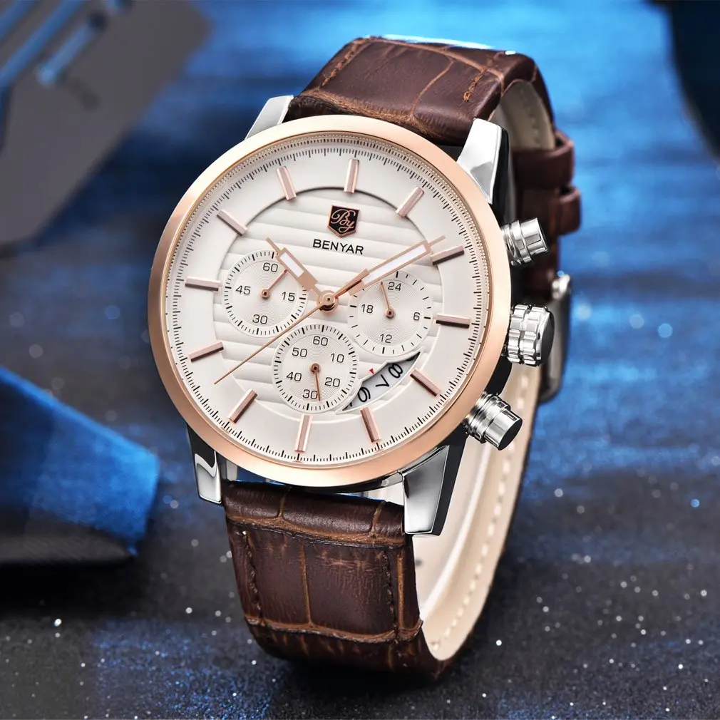 BY BENYAR Chronograph Watch for Men 43mm (1.69") Rose Gold White Dial Brown Leather | Precise Timekeeping - view 4